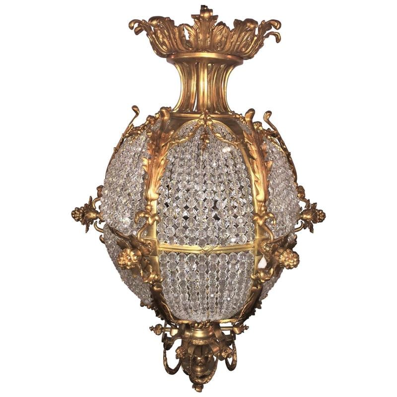 Pair of Palatial Doré Bronze Circular Crystal Beaded Ball Chandeliers - 2