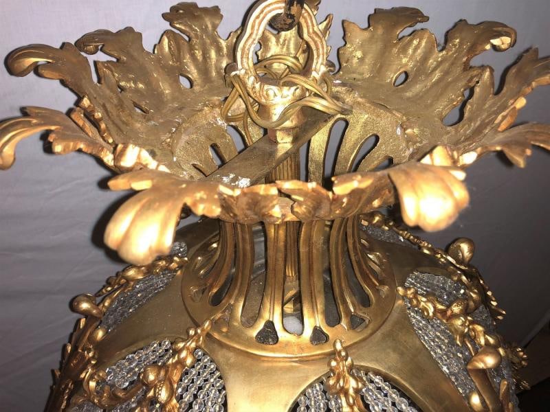 Pair of Palatial Doré Bronze Circular Crystal Beaded Ball Chandeliers - 7