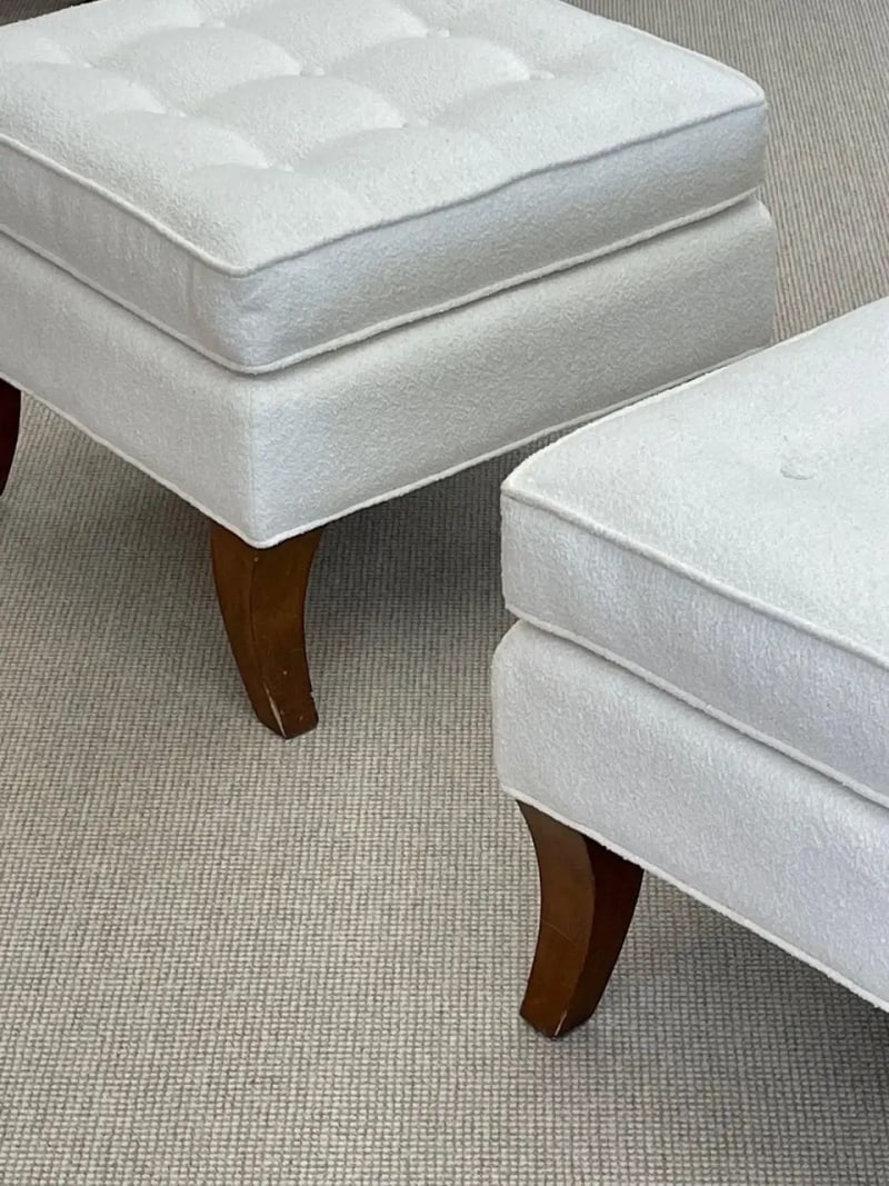 Mid-Century Modern American Designer Tufted Ottomans, Stools, Walnut, Bouclé - 4
