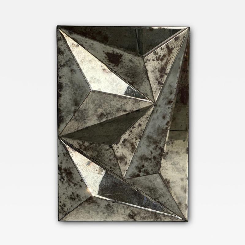Brutalist Geometric Wall Mirror, Distressed Beveled Glass, Wood, 21st C. - 2