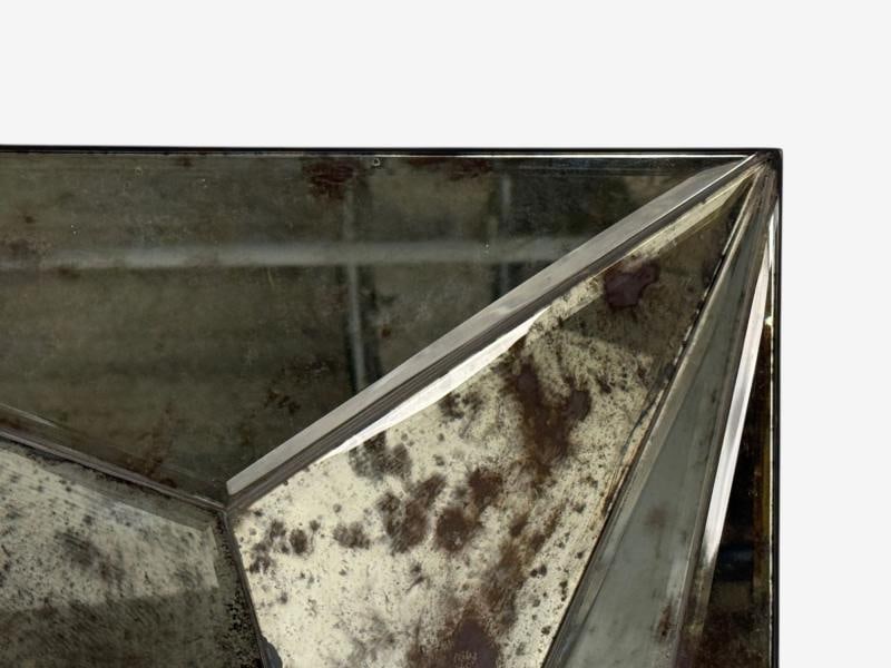 Brutalist Geometric Wall Mirror, Distressed Beveled Glass, Wood, 21st C. - 7
