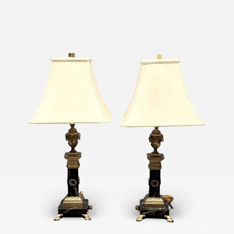 Pair of Hollywood Regency Bronze and Marble Table Lamps, Corinthian Column Form - 2