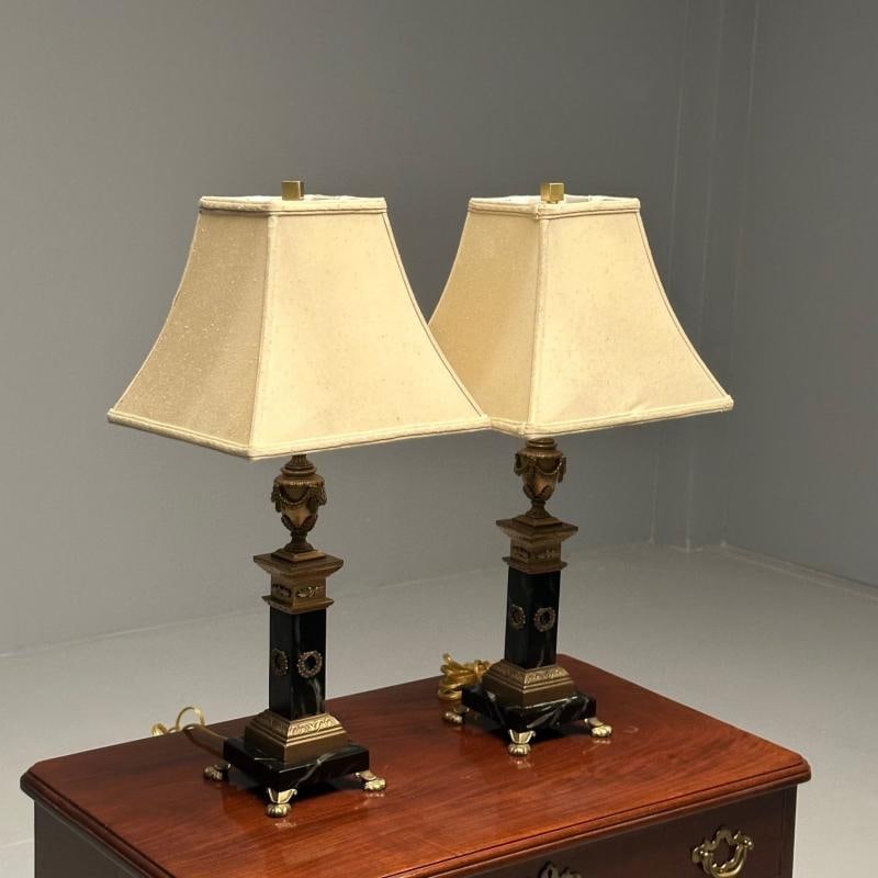 Pair of Hollywood Regency Bronze and Marble Table Lamps, Corinthian Column Form - 4
