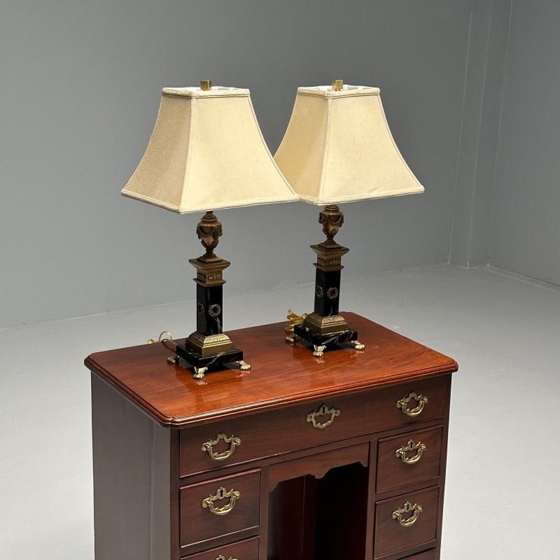 Pair of Hollywood Regency Bronze and Marble Table Lamps, Corinthian Column Form - 5
