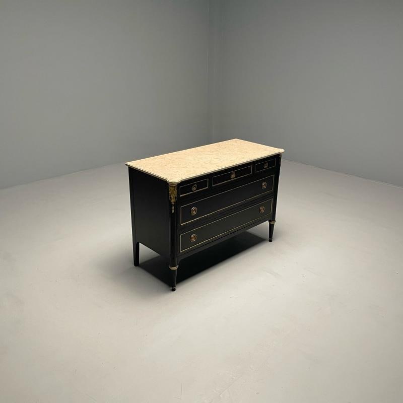 Hollywood Regency Maison Jansen Stamped Ebony Chest / Commode, Marble Top - 7