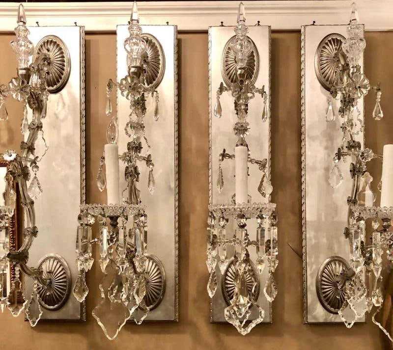 Hollywood Regency Silver Gilt Wall Scones with Crystal Set of Four - 2