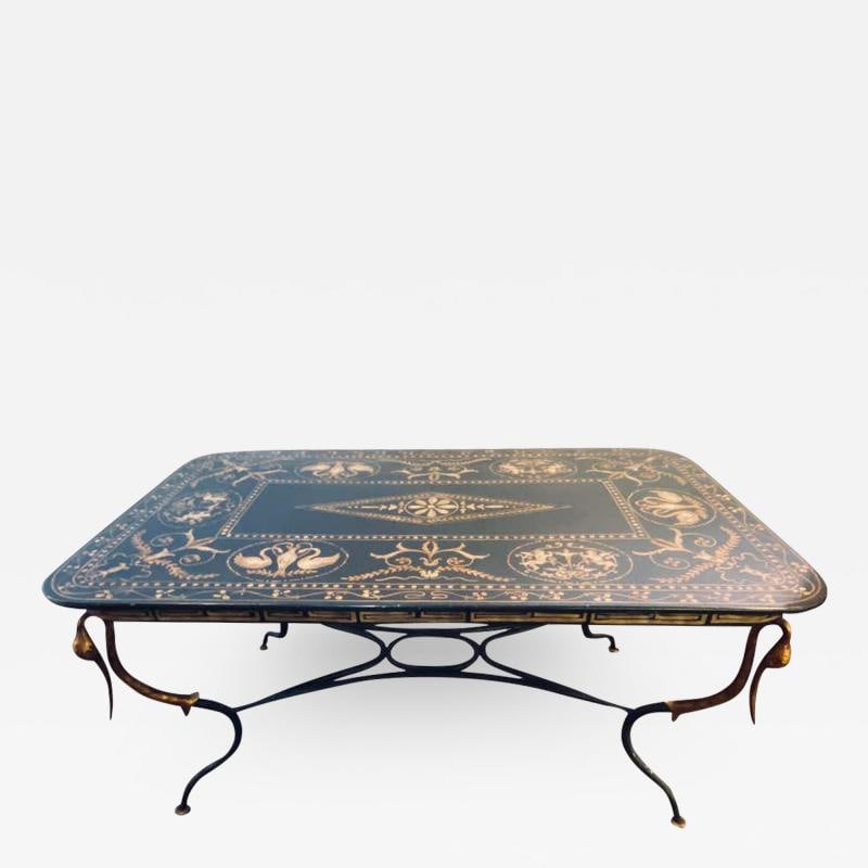 Trouvailles Toile Coffee or Low Table Gilt Metal Base and Corner Stork Heads - 2