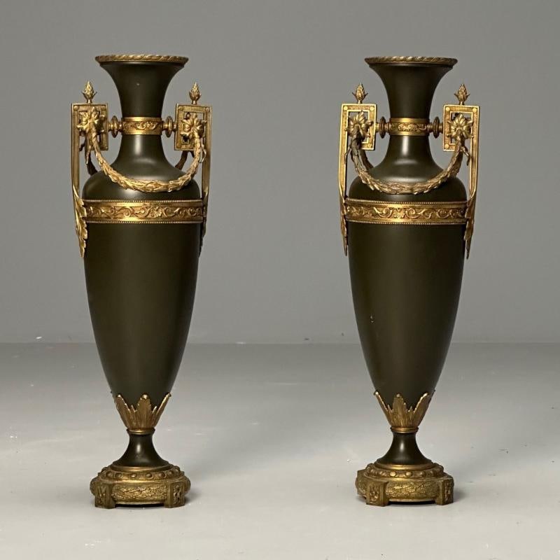 Neoclassical, Pair of Large Urns, Gilt Bronze, Green Painted Metal, 1970s - 2