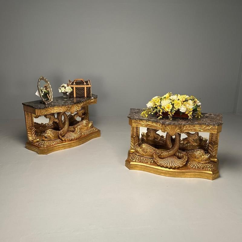Pair of French Wood Carved Dolphin Console Tables, Pier Tables, Giltwood - 2