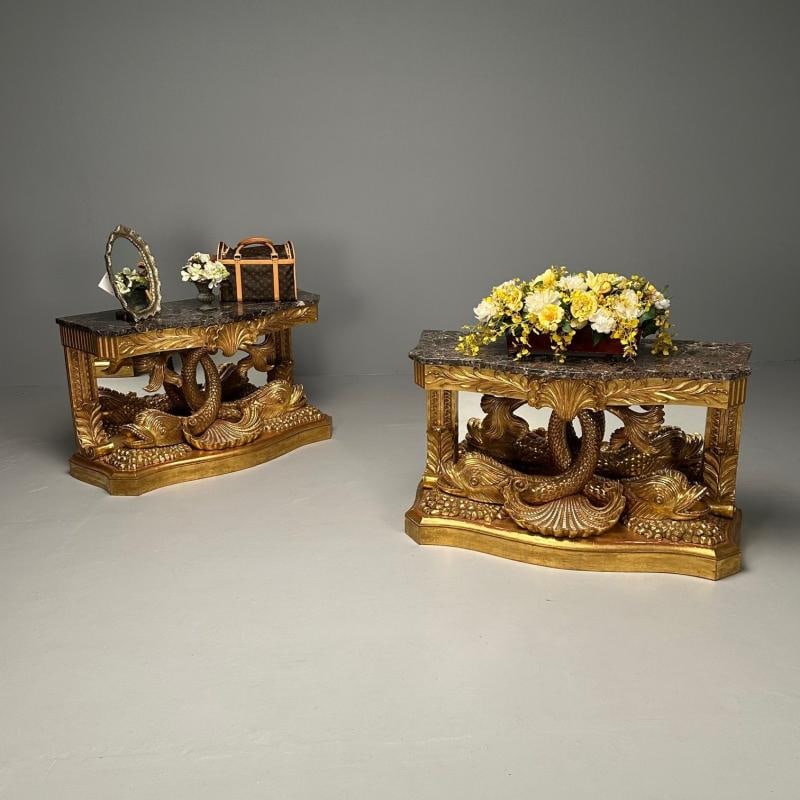 Pair of French Wood Carved Dolphin Console Tables, Pier Tables, Giltwood - 3