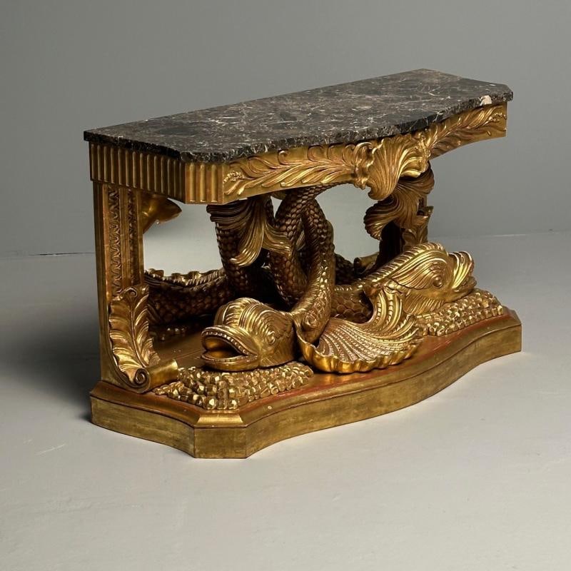 Pair of French Wood Carved Dolphin Console Tables, Pier Tables, Giltwood - 7
