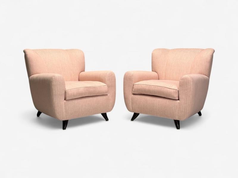 Osvaldo Borsani attr, Pink Linen, Wood, Large Lounge Chairs, Italy, 1950s - 5