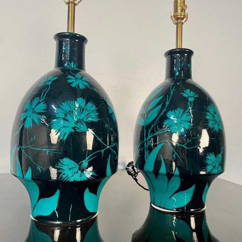 Pair of Mid-Century Modern Ceramic Floral Motif Table Lamps, Green and Blue - 8