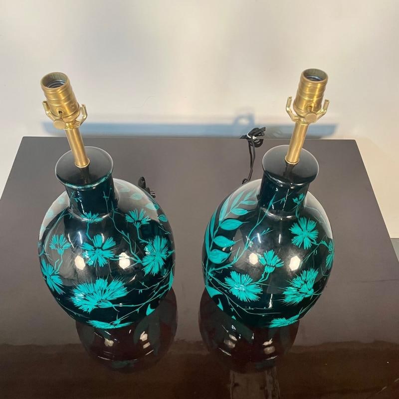 Pair of Mid-Century Modern Ceramic Floral Motif Table Lamps, Green and Blue - 9