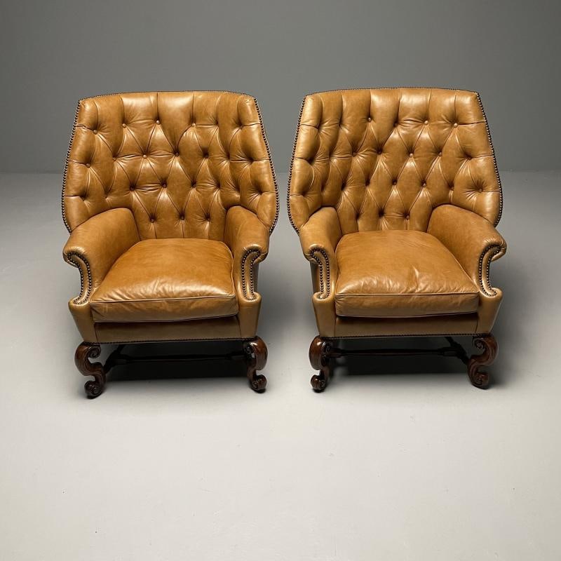 Georgian, Large Tufted Lounge Chairs and Ottomans, Tan Leather, USA, 2000s - 4