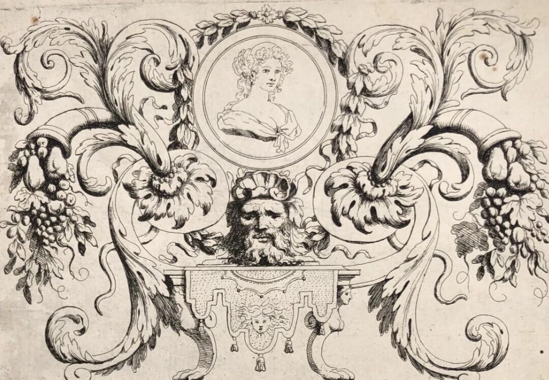 Architecture Portrait Woman Sculpture - Vintage Etching Original 18th century - 2