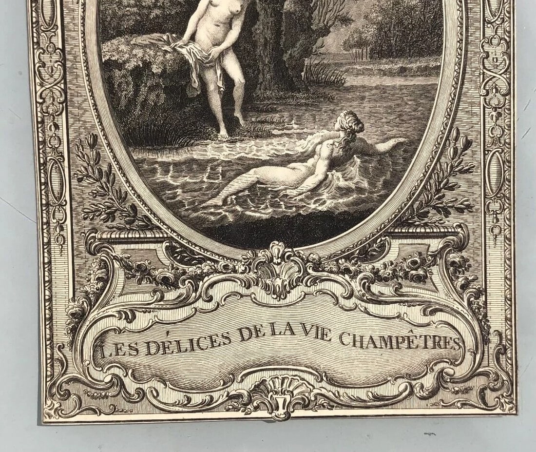 Antique Etching Original Les Delices de la Vie Champetre, Figures Women, Landscape - 7