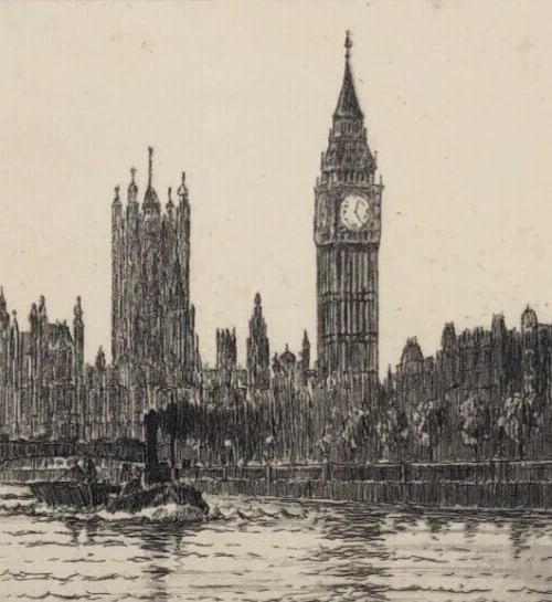 Vintage Etching Original Architecture, Cityview, Webmeister signed Architectural - 7