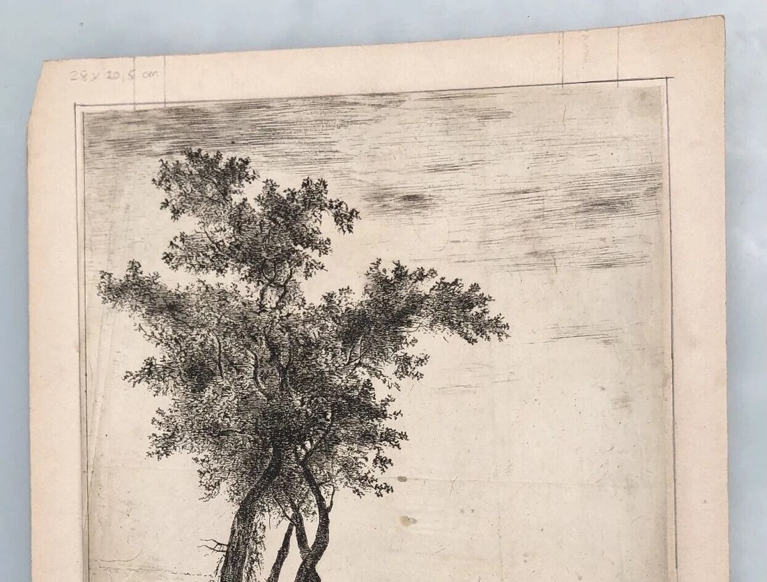 Landscape Tree People - Antique Etching Original - 5