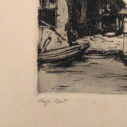 Antique Etching Original Landscape, Houses, Cityview, Town signed - 3