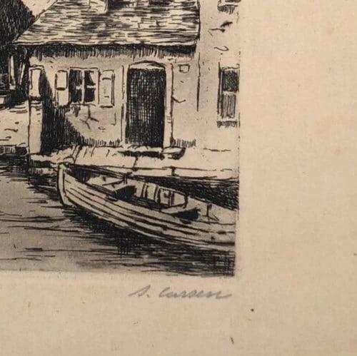 Antique Etching Original Landscape, Houses, Cityview, Town signed - 4