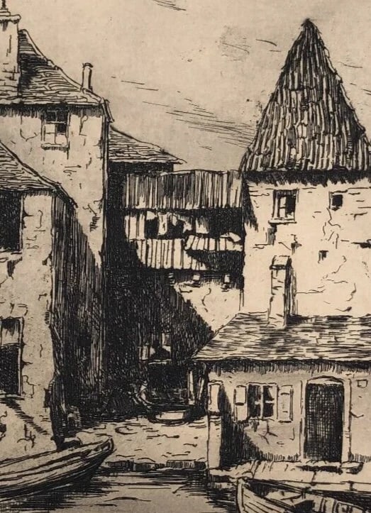 Antique Etching Original Landscape, Houses, Cityview, Town signed - 7