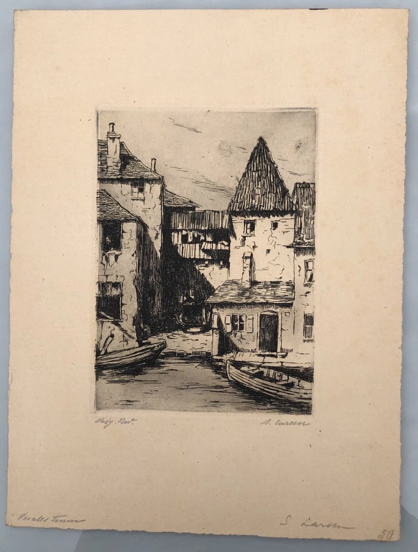 Antique Etching Original Landscape, Houses, Cityview, Town signed - 8