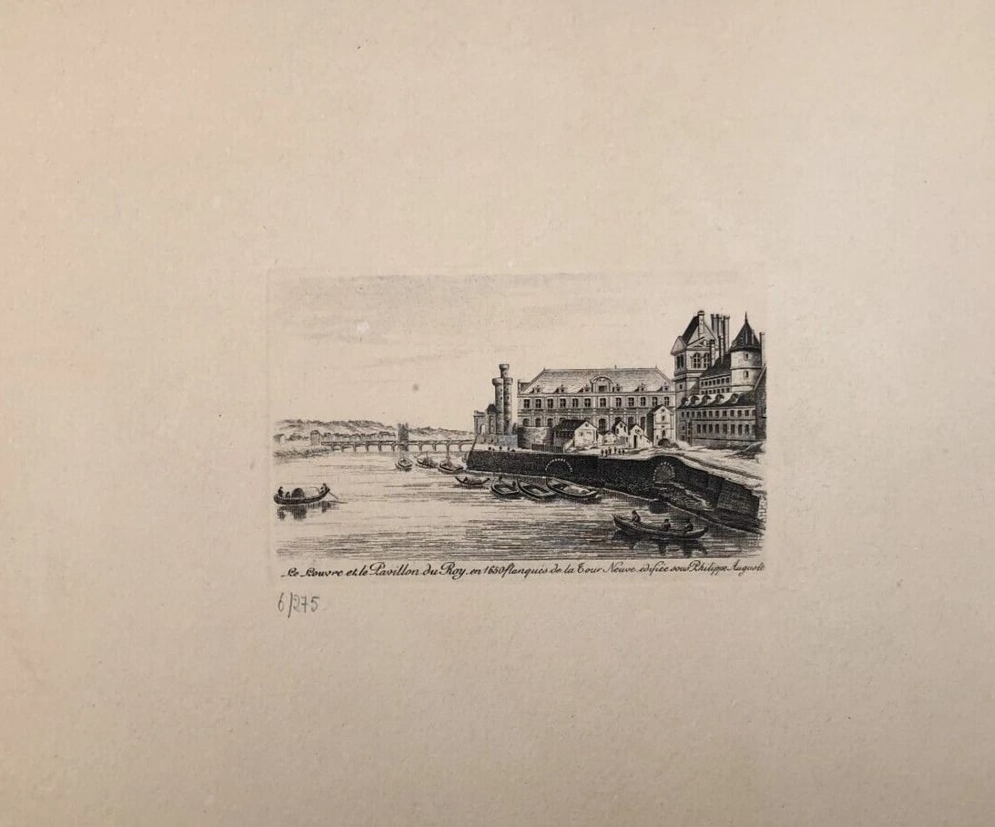 Antique Etching Original Landscape, Louvre, Pavillon le Roy, Tour Neuve - 3