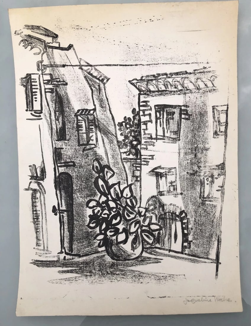 Antique Etching Original Landscape, House, Cityview, Flowers, Building - 2