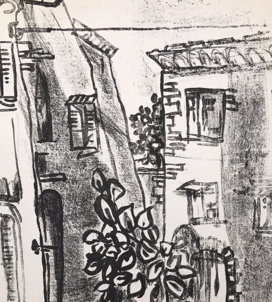 Antique Etching Original Landscape, House, Cityview, Flowers, Building - 7