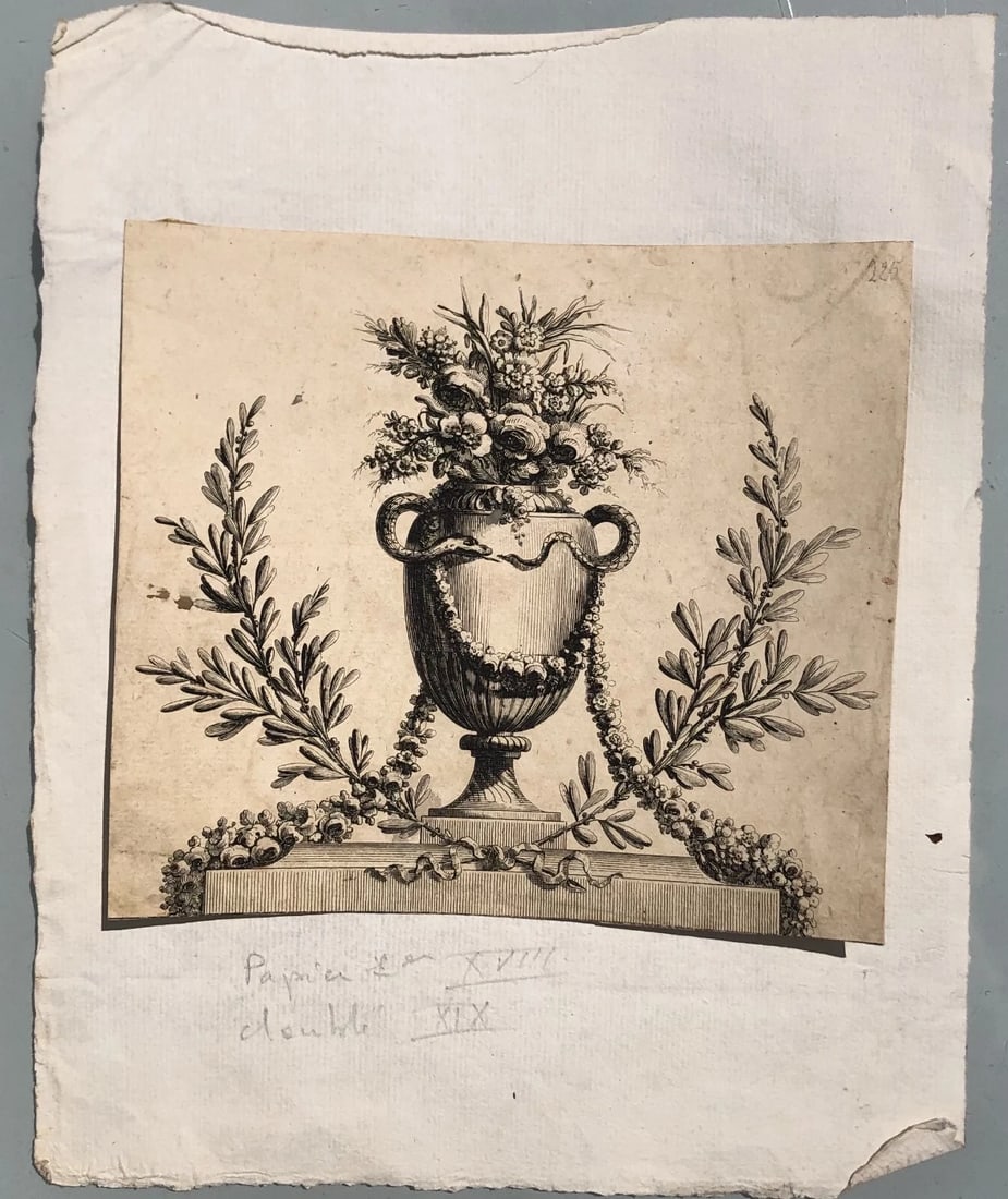 Vase Floral Flowers Still Life Ornament - Antique Etching Original - 2