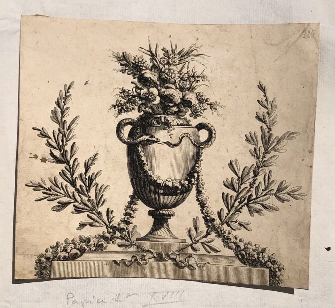 Vase Floral Flowers Still Life Ornament - Antique Etching Original - 3