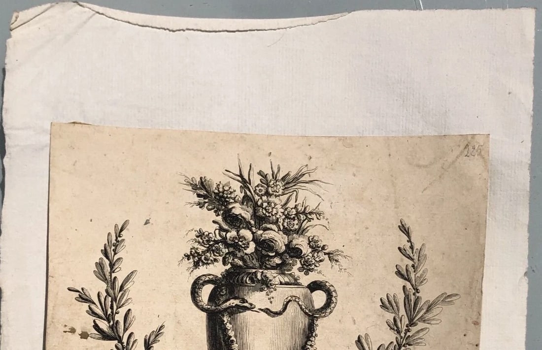 Vase Floral Flowers Still Life Ornament - Antique Etching Original - 4