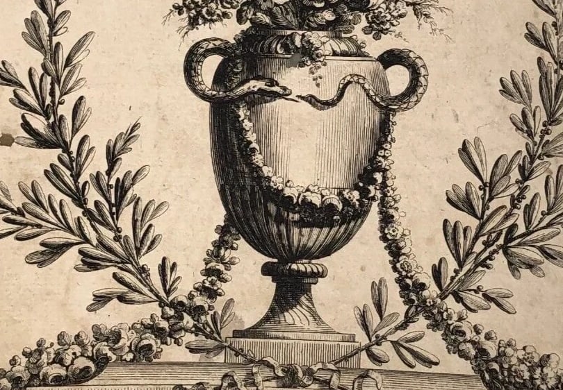 Vase Floral Flowers Still Life Ornament - Antique Etching Original - 7