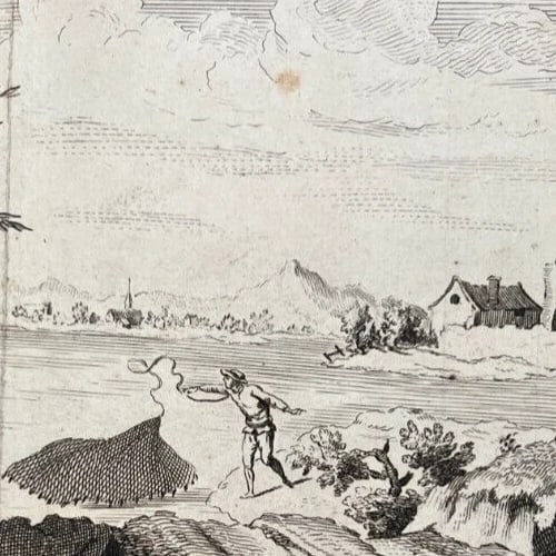 Antique Etching Original Epervier, Fishing, Landscape Jacques Philippe LEBAS - 3