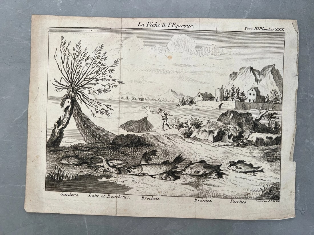 Antique Etching Original Epervier, Fishing, Landscape Jacques Philippe LEBAS - 7