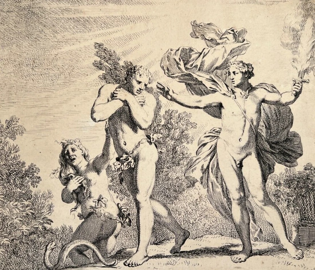 Antique Etching Original Expulsion Adam and Eve, Gerard de Lairesse (1641-1711): Title: Antique Etching Original Expulsion Adam and Eve, Gerard de Lairesse (1641-1711) Description: Engraving on paper 22.5 x 25 cm stains, stick to paper We accept payment via Paypal, credit or debit