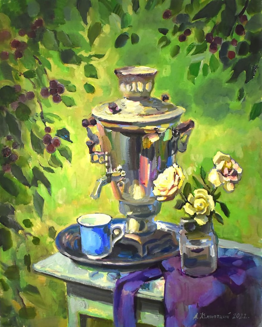 Oil painting Samovar on the Table of Nature Anatoly Kymnatny: Kym 8*** ABOUT THIS PAINTING **** TITLE: "Samovar on the Table of Nature"* ARTISTS: Anatoly Kymnatny* SIZE: 50x40 cm/19.68x15.74 inches' * MEDIUM: oil, canvas on cardboard* HAND PAINTED: Original