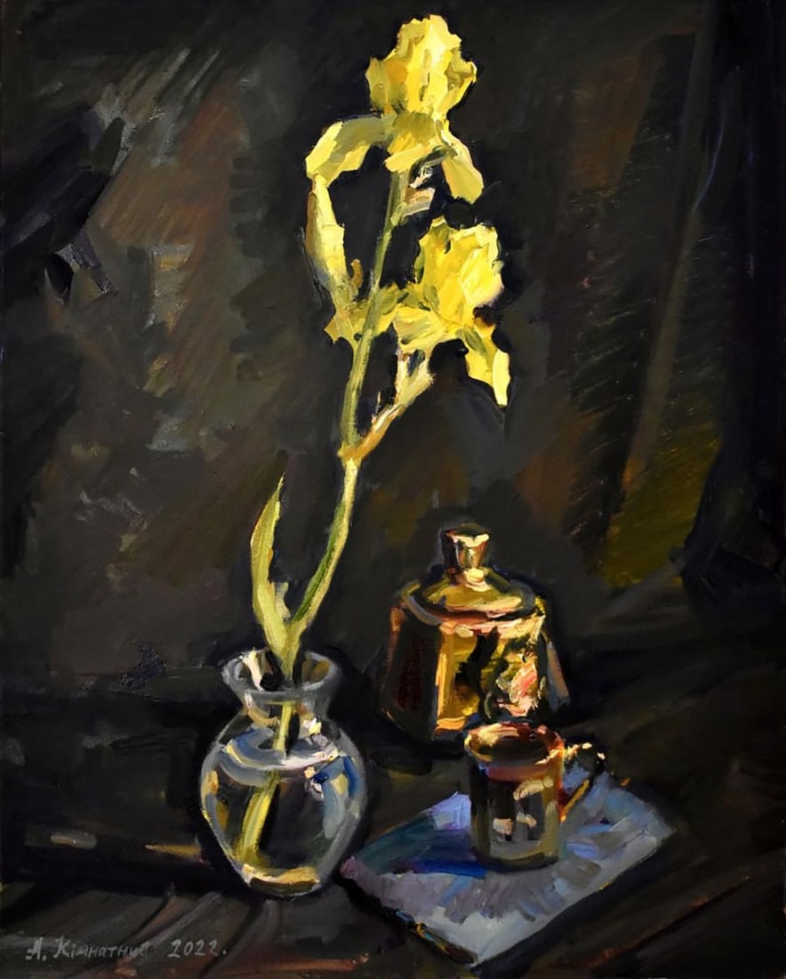 Oil painting Irises on a black background Anatoly Kymnatny: Kym 11*** ABOUT THIS PAINTING **** TITLE: "Irises on a black background"* ARTISTS: Anatoly Kymnatny* SIZE: 50x40 cm/19.68x15.74 inches' * MEDIUM: oil, canvas* HAND PAINTED: Original painting from our