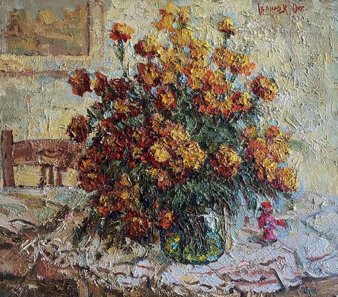 Oil painting Bright marigolds Oksana Ivanyuk: Kalen 1674The Oil painting Canvas titled "Bright marigolds" is a radiant and textured celebration of floral beauty, where the artist captures the essence of freshly gathered marigolds arranged in a