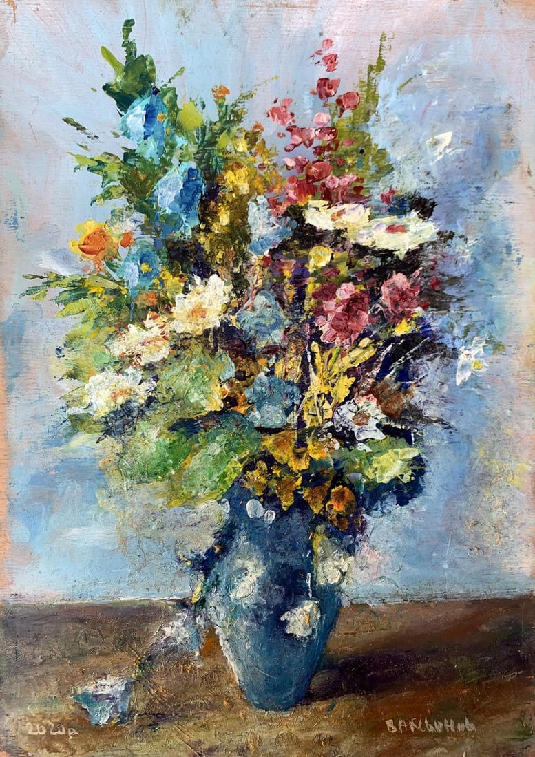 Oil painting Wild flowers in a blue vase Vadim Aksenov: AAA3465The painting titled "Wild Flowers in a Blue Vase" is a vivid and lively celebration of the beauty and diversity of nature, captured through an intricate arrangement of wildflowers in a deep