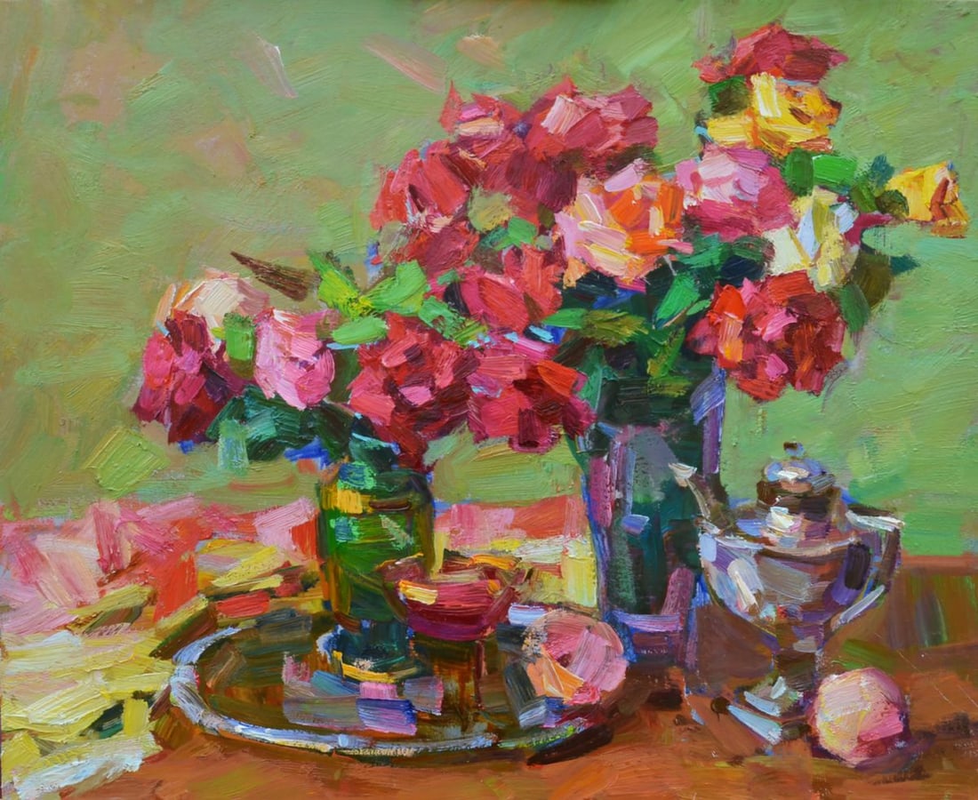 Oil painting Bouquets of roses Miacheslav Tepeta: Tep 141"Bouquets of Roses" is an oil painting that exudes a sense of liveliness and vibrancy through the expressive use of color and texture. The artist has captured the timeless beauty of roses in a 