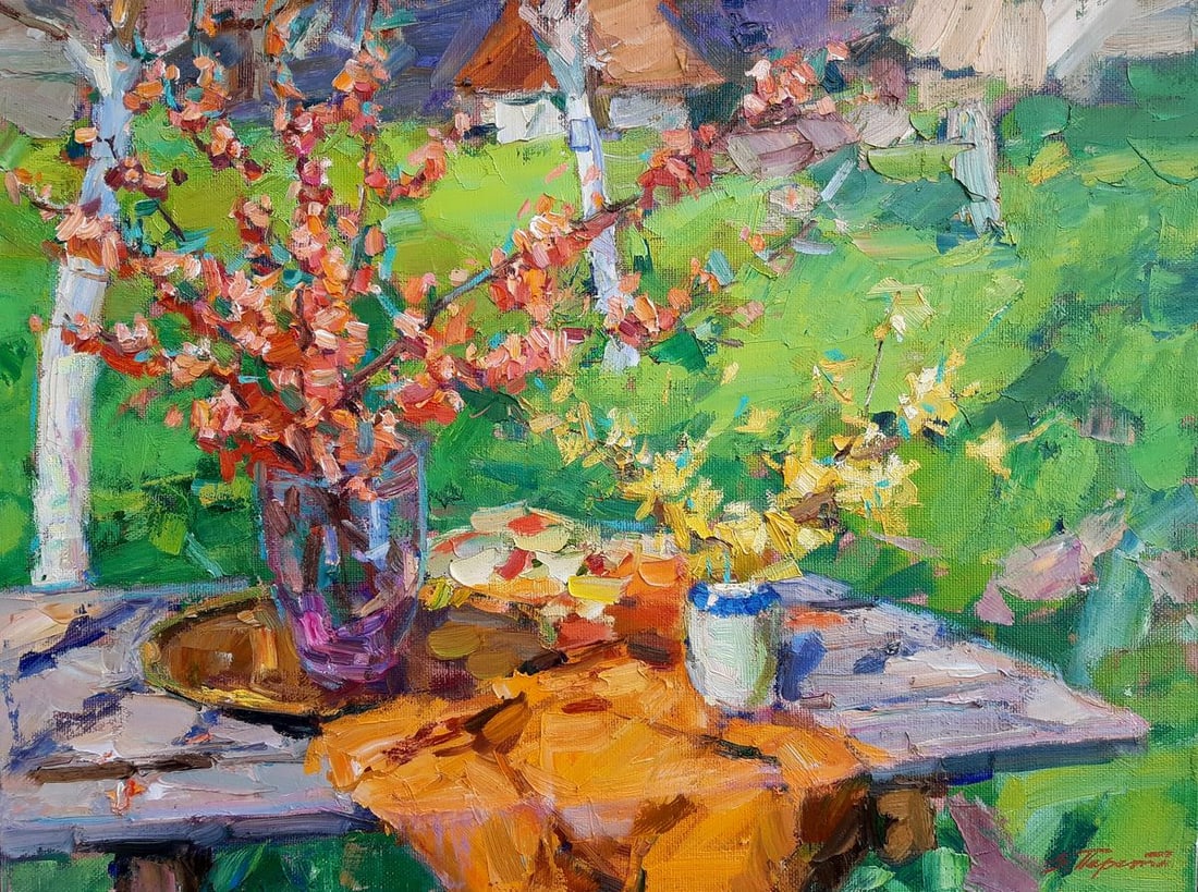 Oli painting Still life in the garden Tepeta Miacheslav: Tep 113 *** ABOUT THIS PAINTING *** * TITLE: "Still life in the garden" * ARTISTS: Tepeta Miacheslav * SIZE: 6080 cm/23.62x31.49 inches' * MEDIUM: oil, canvas * HAND PAINTED: Original painting from ou