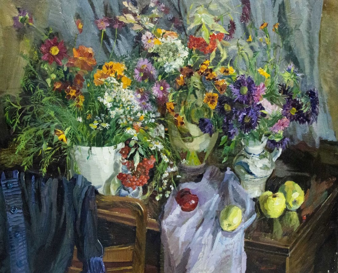 Oil painting Still life with apples Ivchenko Anatoly Avramovich: Vernd 13 *** ABOUT THIS PAINTING *** * TITLE: "Still life with apples" * ARTISTS: Ivchenko Anatoly Avramovich * SIZE: 86x104 cm/33.85x40.94 inches' * MEDIUM: oil, canvas * HAND PAINTED: Original paint