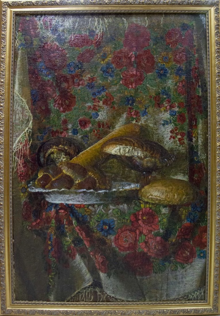 Oil painting Still life with bread Antonyuk Stanislav Antonovich: Vernd 41 *** ABOUT THIS PAINTING *** * TITLE: "Still life with bread" * ARTISTS: Antonyuk Stanislav Antonovich * SIZE: 149.5x100.5 cm/58.85x39.56 inches' * MEDIUM: oil, canvas * HAND PAINTED: