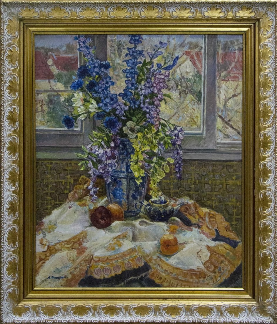 Oil painting Flowers by the window Alexander Stolyarenko: Vernd 59 * ABOUT THIS PAINTING * * TITLE: "Flowers by the window" * ARTISTS: Grandson of Peter Stolyarenko - Alexander Stolyarenko * SIZE: 79x60 cm/31.10x23.62 inches' * MEDIUM: oil, canvas * HAND PAI