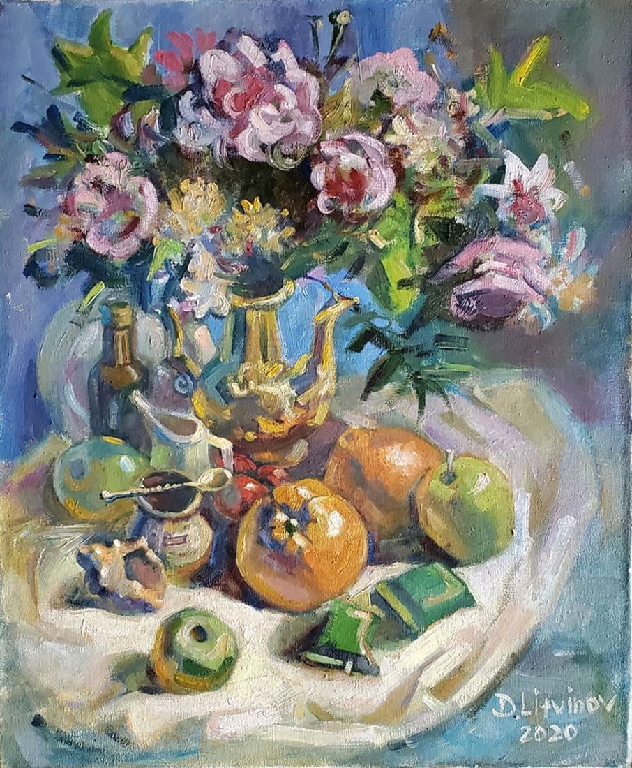 Oil painting Still life with candies Litvinov Daniil Olegovich: Litv 1066 *** ABOUT THIS PAINTING *** * TITLE: "Still life with candies" * ARTISTS: Litvinov Daniil Olegovich * SIZE: 50×59 cm/19.68x23.22 inches' * MEDIUM: oil, canvas * HAND PAINTED: Original