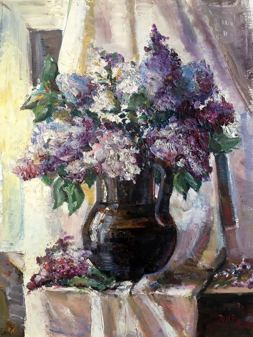 Oil painting Lilac: Verns 52 *** ABOUT THIS PAINTING *** * TITLE: "Lilac" * ARTISTS: Unknown artist * SIZE: 50x38 cm/19.68x14.96 inches' * MEDIUM: oil, cardboard * HAND PAINTED: Original painting from our collection * CO