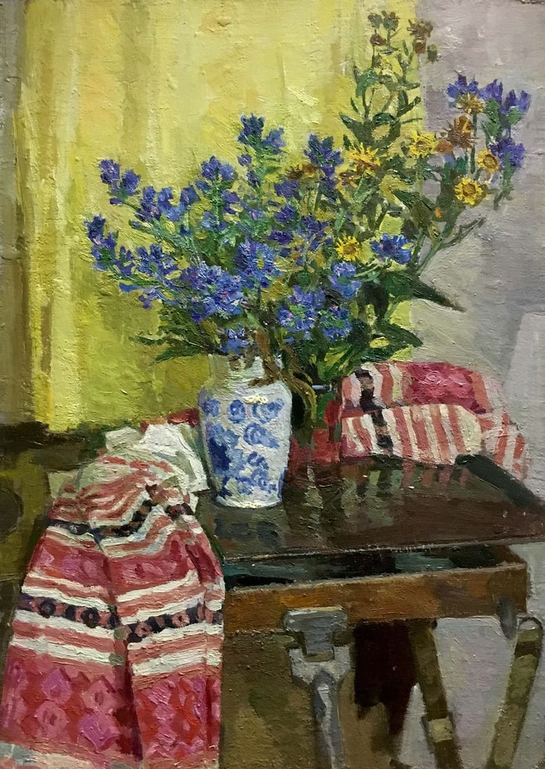 Oil painting Flowers on the table Konovalov V. Y.: Verns 147 *** ABOUT THIS PAINTING *** * TITLE: "Flowers on the table" * ARTISTS: Konovalov V. Y. * SIZE: 70x50 cm/27.55x19.68 inches' * MEDIUM: oil, cardboard * HAND PAINTED: Original painting from ou
