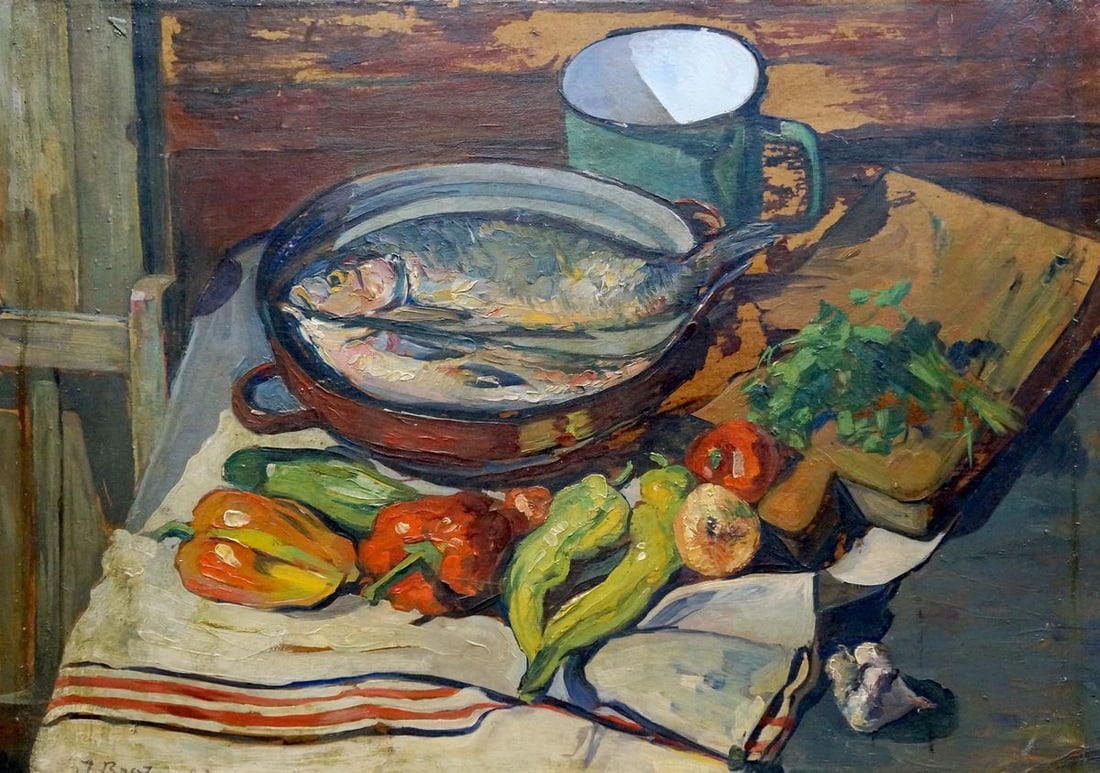 Oil painting Fish soup I. Braz: Verns 175 *** ABOUT THIS PAINTING *** * TITLE: "Fish soup" * ARTISTS: I. Braz * SIZE: 50x70 cm/19.68x27.55 inches' * MEDIUM: oil, cardboard * HAND PAINTED: Original painting from our collection *
